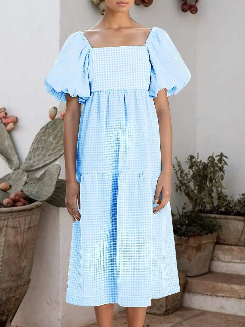 Plaid Square Neck Short Sleeve Dress - Trendsi - Flyclothing LLC