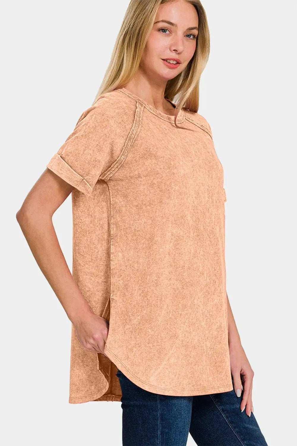 Zenana Heathered Round Neck Short Sleeve Top - Trendsi - Flyclothing LLC