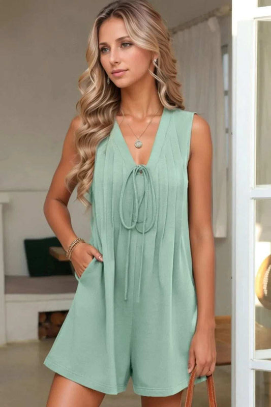 Tie V Neck Pintuck Sleeveless Loose Romper - Trendsi - Flyclothing LLC