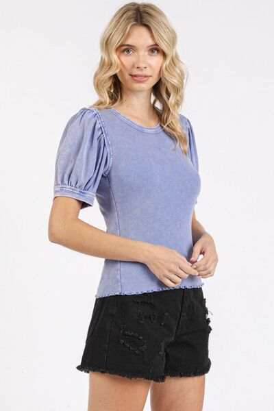 Mittoshop Mineral Wash Puff Sleeve Rib Knit Top - Trendsi - Flyclothing LLC