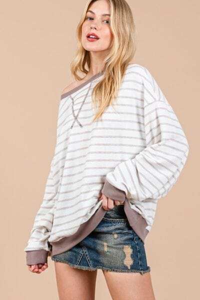 Ces Femme Striped Round Neck Drop Shoulder Sweatshirt - Trendsi - Flyclothing LLC