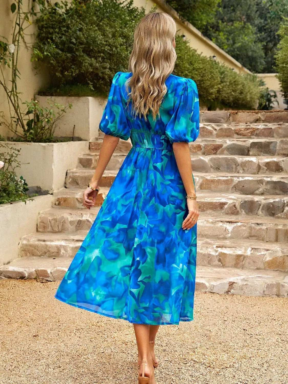Smocked Printed V-Neck Half Sleeve Midi Dress - Trendsi - Flyclothing LLC
