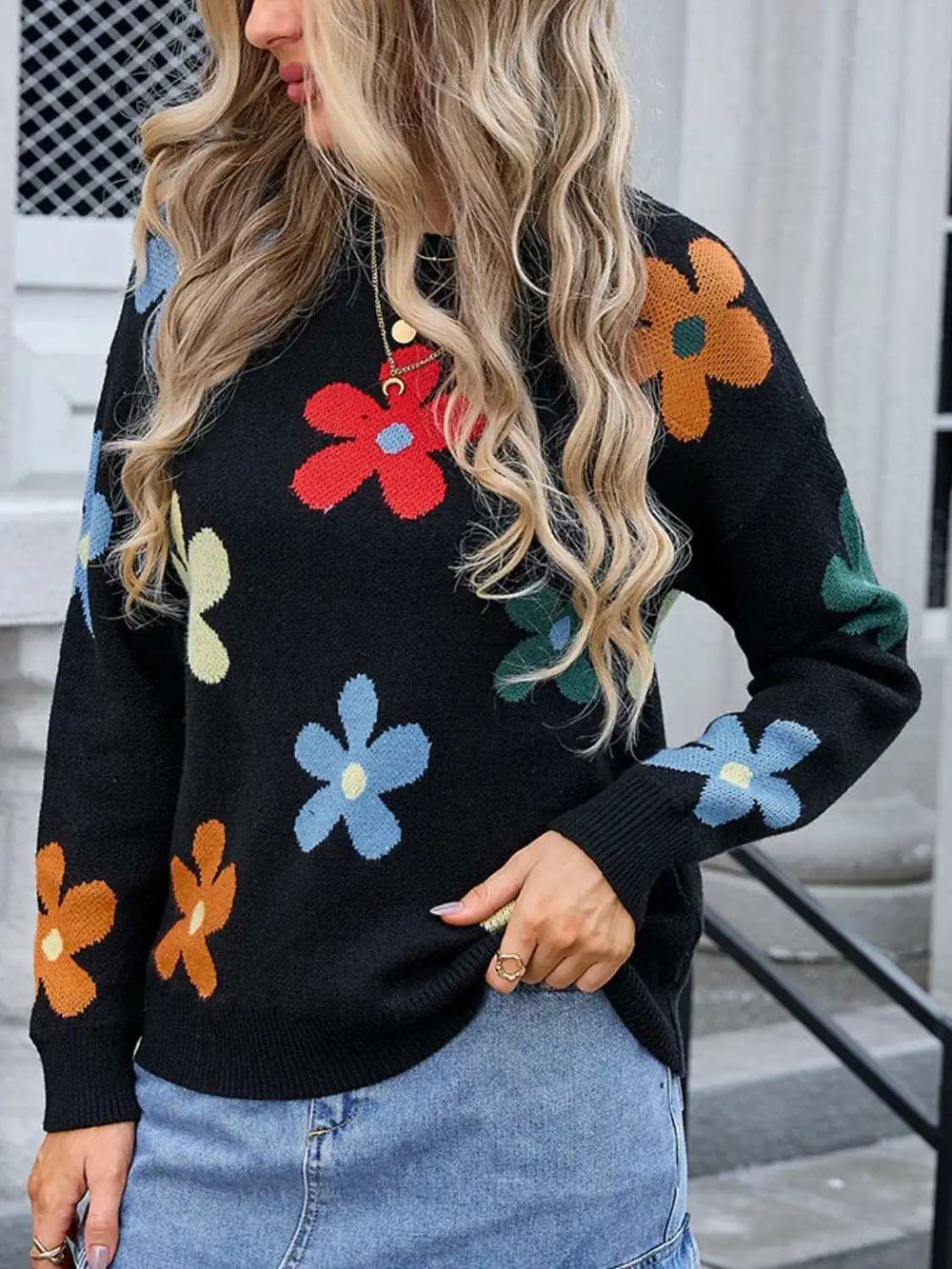 Flower Round Neck Long Sleeve Sweater - Trendsi - Flyclothing LLC