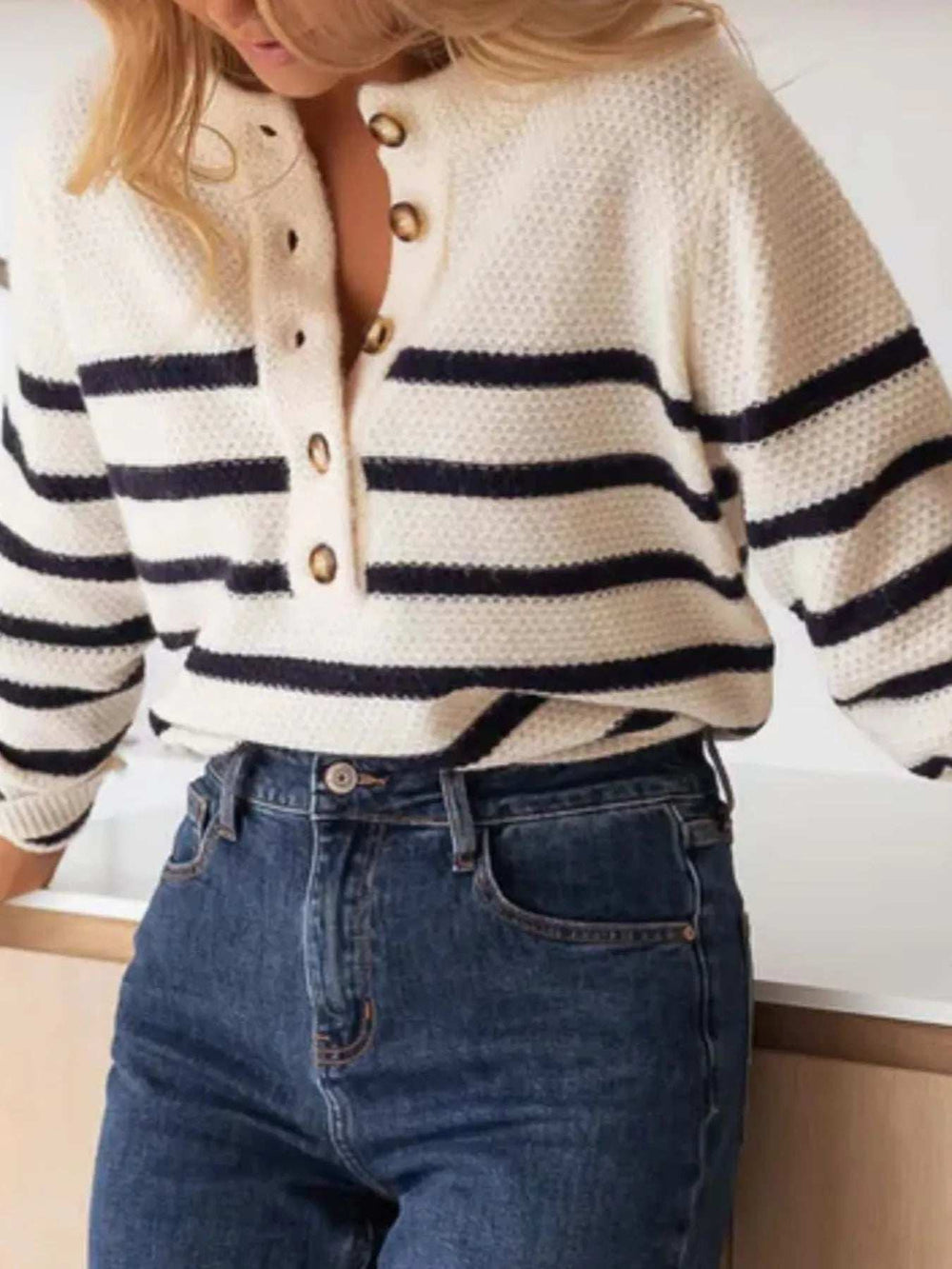 Striped Button-Front Sweater - Trendsi - Flyclothing LLC