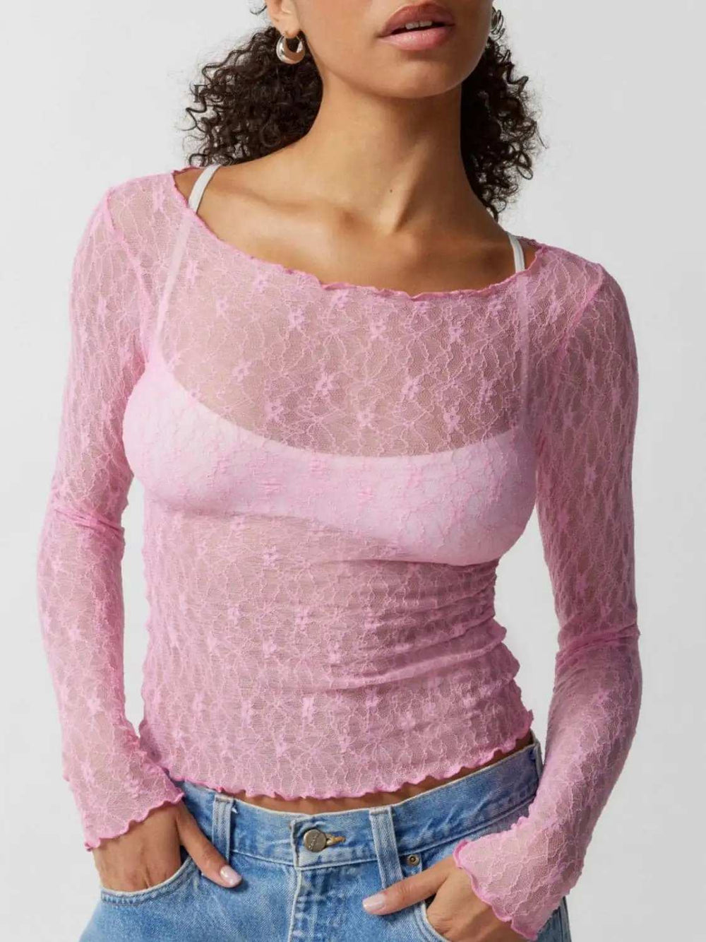 Lace Boat Neck Long Sleeve Blouse - Trendsi - Flyclothing LLC