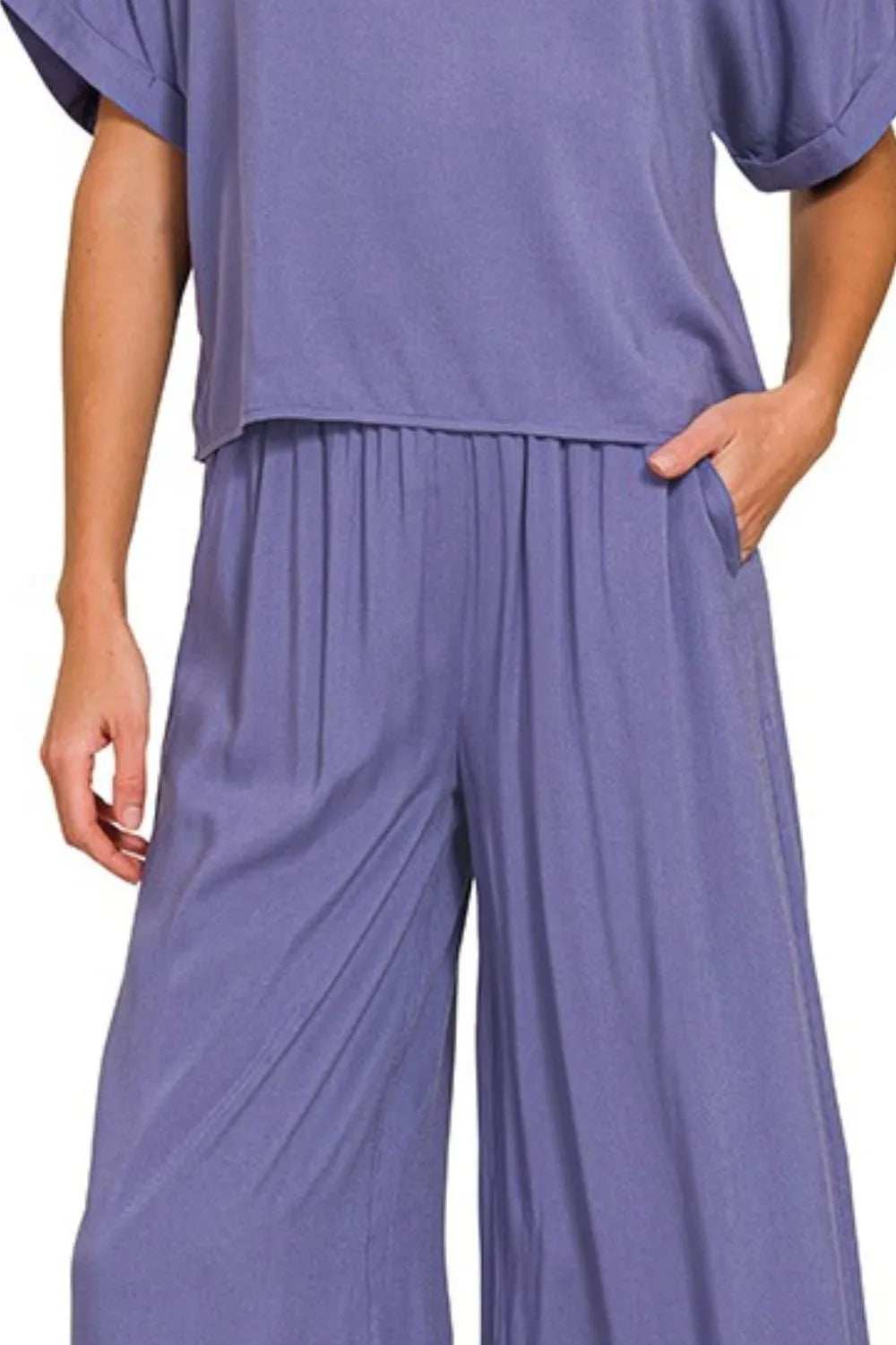 Zenana Round Neck T-Shirt and Wide Leg Pants Set - Trendsi - Flyclothing LLC