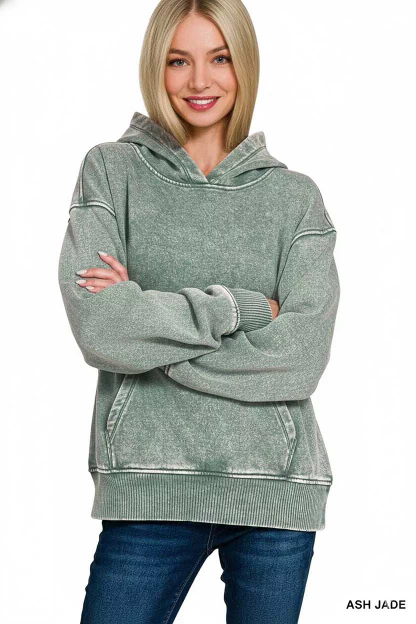 Zenana Fleece Acid Wash Kangaroo Pocket Hoodie - Trendsi - Flyclothing LLC