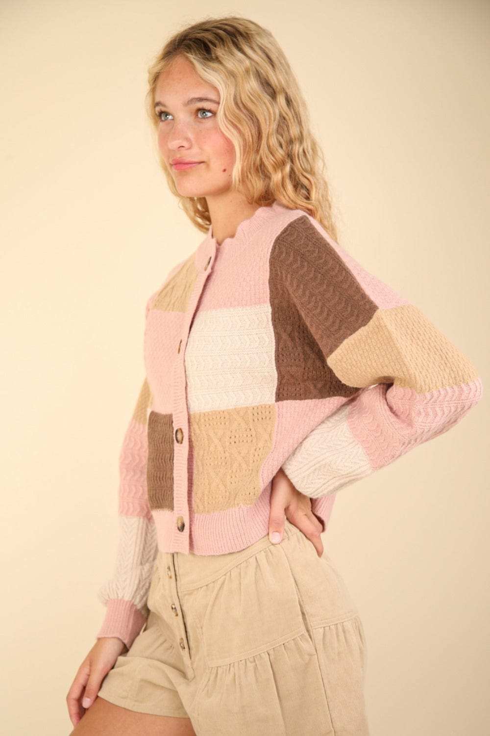VERY J Color Block Button Down Textured Sweater Cardigan - Trendsi - Flyclothing LLC