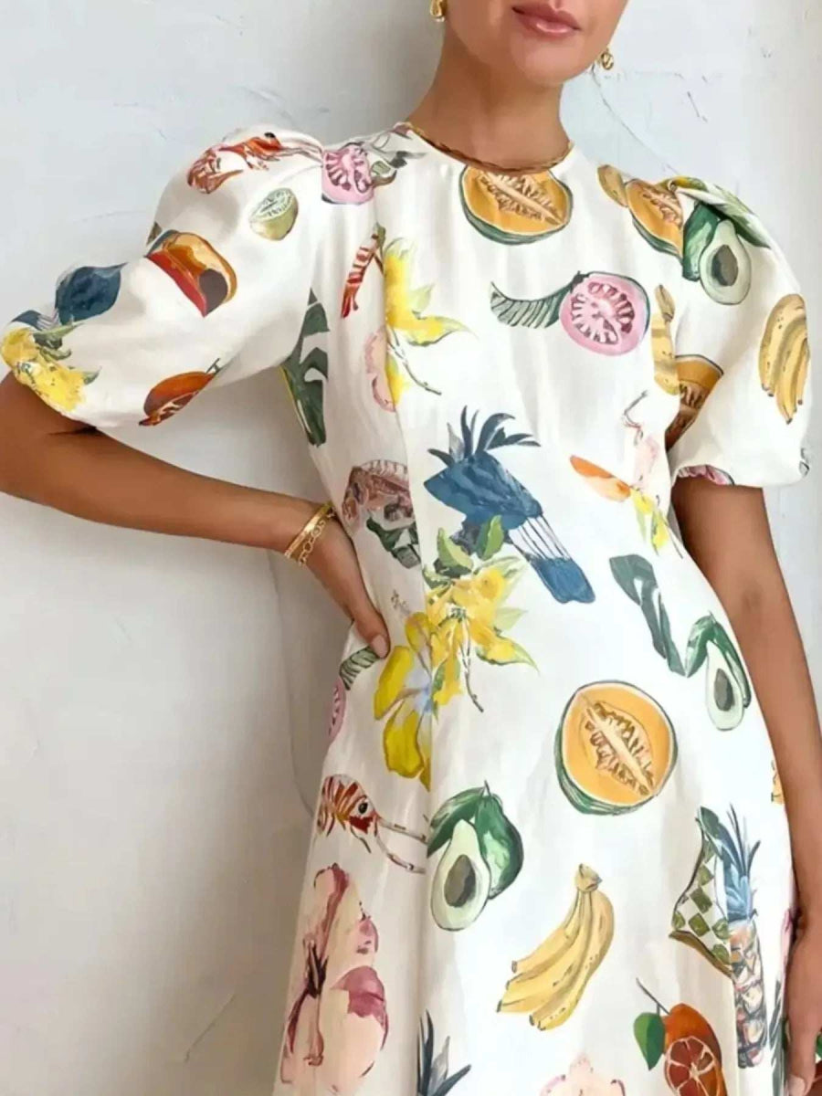 Printed Round Neck Puff Sleeve Dress - Trendsi - Flyclothing LLC