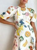 Printed Round Neck Puff Sleeve Dress - Trendsi - Flyclothing LLC