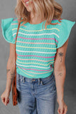 Ruffled Eyelet Striped Round Neck Cap Sleeve Knit Top - Trendsi - Flyclothing LLC