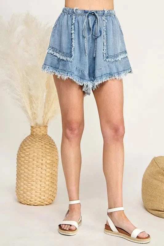SAGE+FIG Frayed Drawstring Denim Shorts - Trendsi - Flyclothing LLC