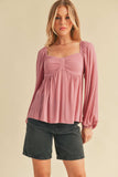 Aemi + Co Ruched Sweetheart Neck Balloon Sleeve Blouse - Trendsi - Flyclothing LLC
