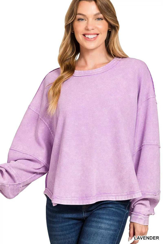 Zenana Acid Washed Exposed-Seam Sweatshirt - Trendsi - Flyclothing LLC