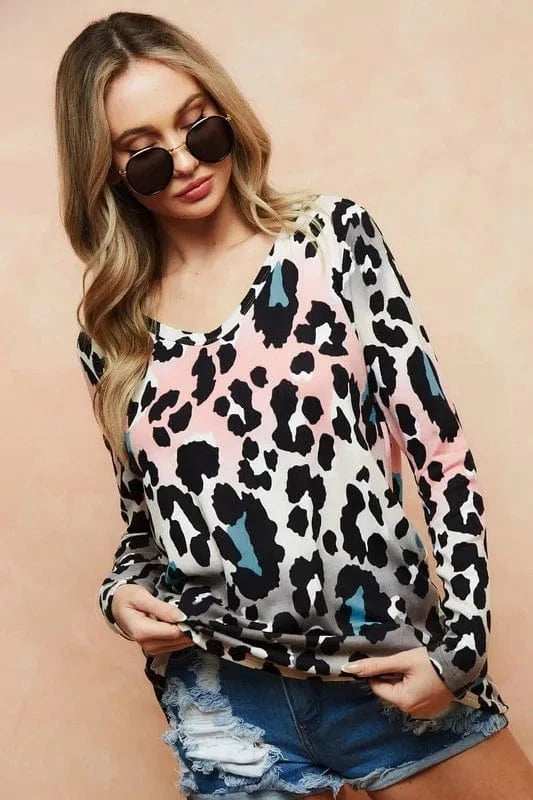 BiBi Gradation Leopard Print Soft Knit Deep U Neck Top - Trendsi - Flyclothing LLC