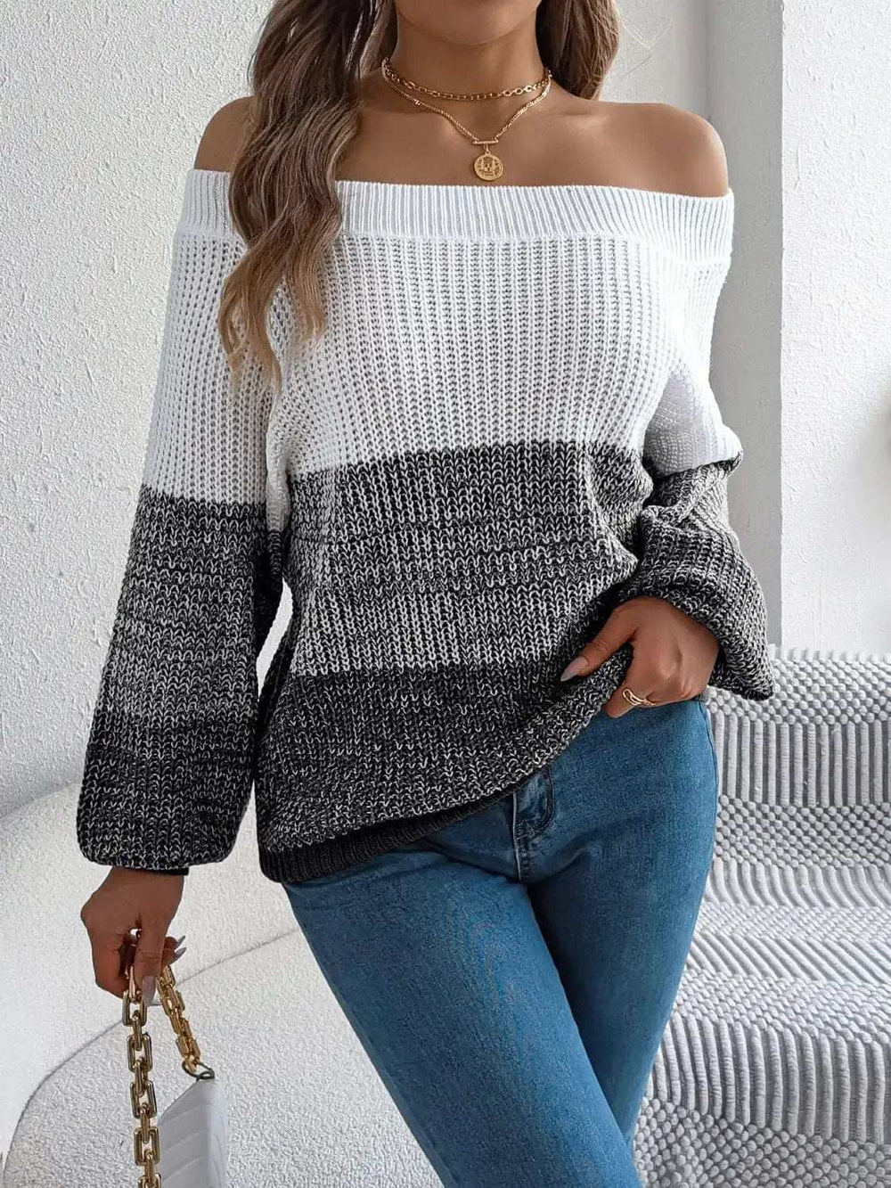 Color Block Off-Shoulder Long Sleeve Sweater - Trendsi - Flyclothing LLC
