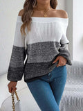 Color Block Off-Shoulder Long Sleeve Sweater - Trendsi - Flyclothing LLC