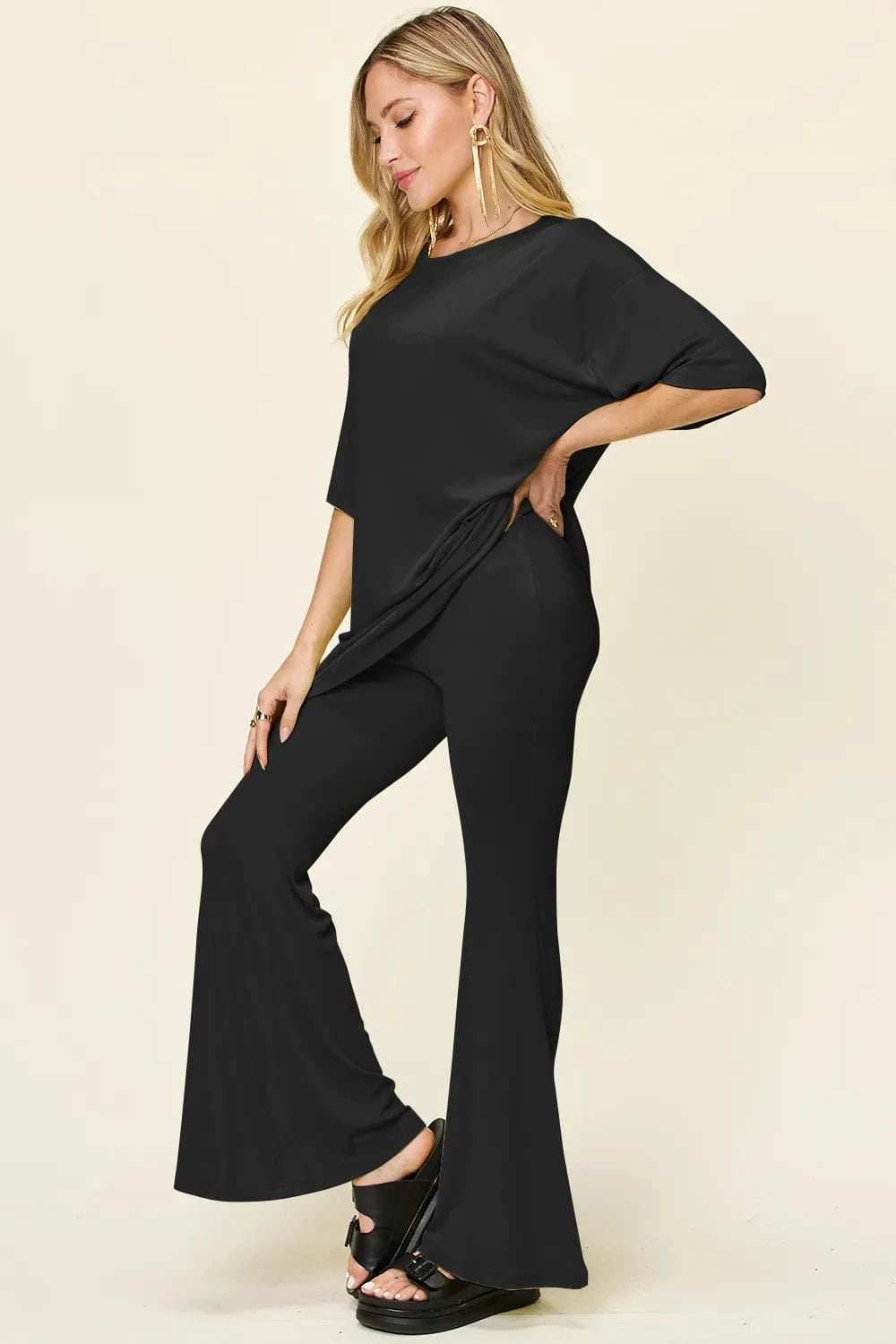 Double Take Full Size Round Neck Drop Shoulder T-Shirt and Flare Pants Set - Trendsi - Flyclothing LLC