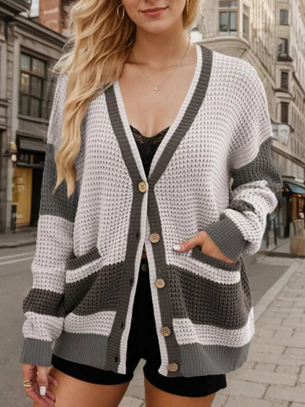 Contrast Button Up Long Sleeve Cardigan - Trendsi - Flyclothing LLC