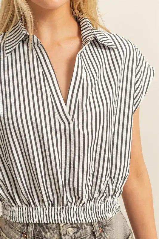 HYFVE Striped Elastic Hem Johnny Collar Cap Sleeve Blouse - Trendsi - Flyclothing LLC