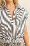HYFVE Striped Elastic Hem Johnny Collar Cap Sleeve Blouse - Trendsi - Flyclothing LLC