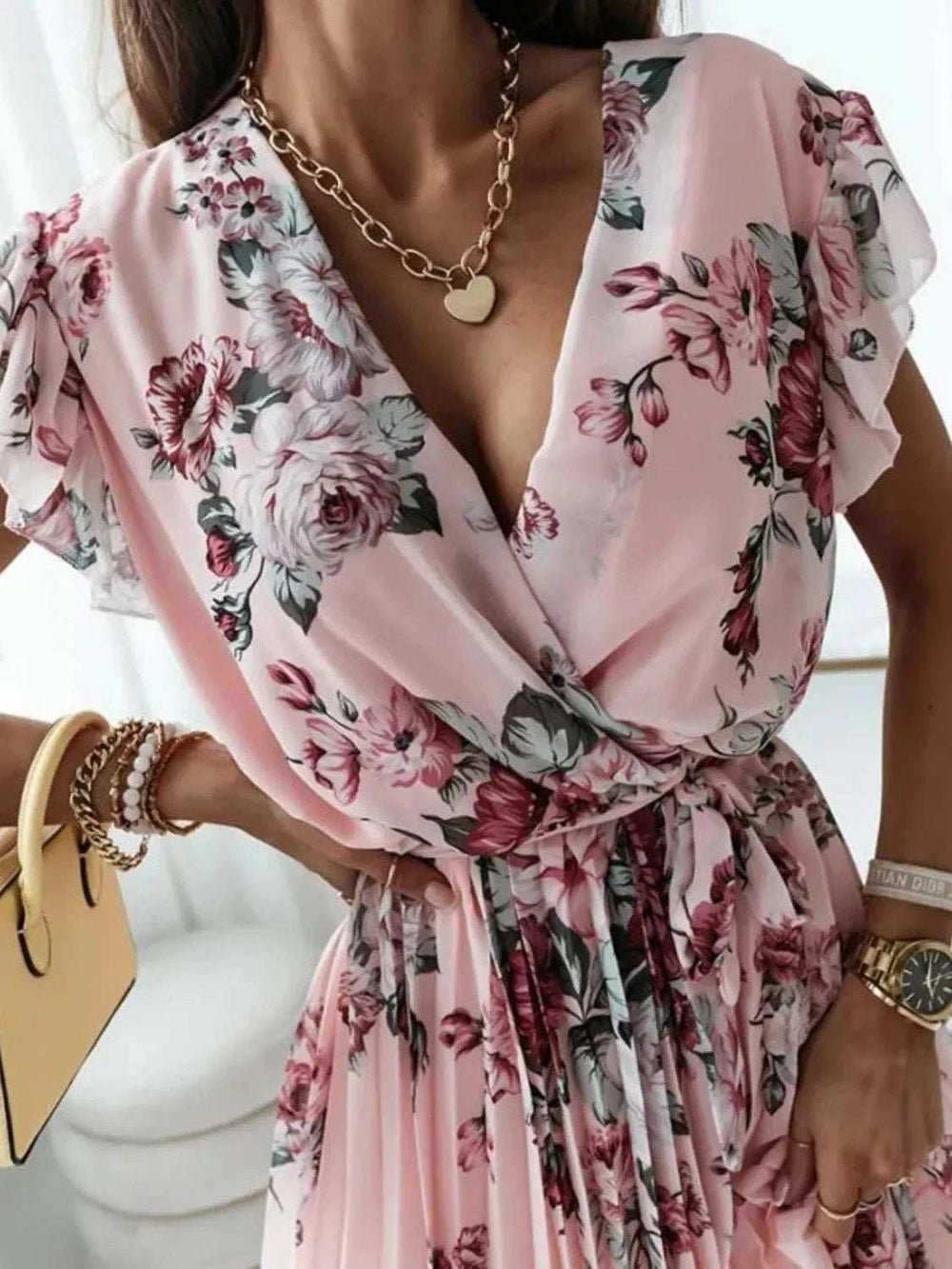 Floral Surplice Ruffled Cap Sleeve Dress - Trendsi - Flyclothing LLC