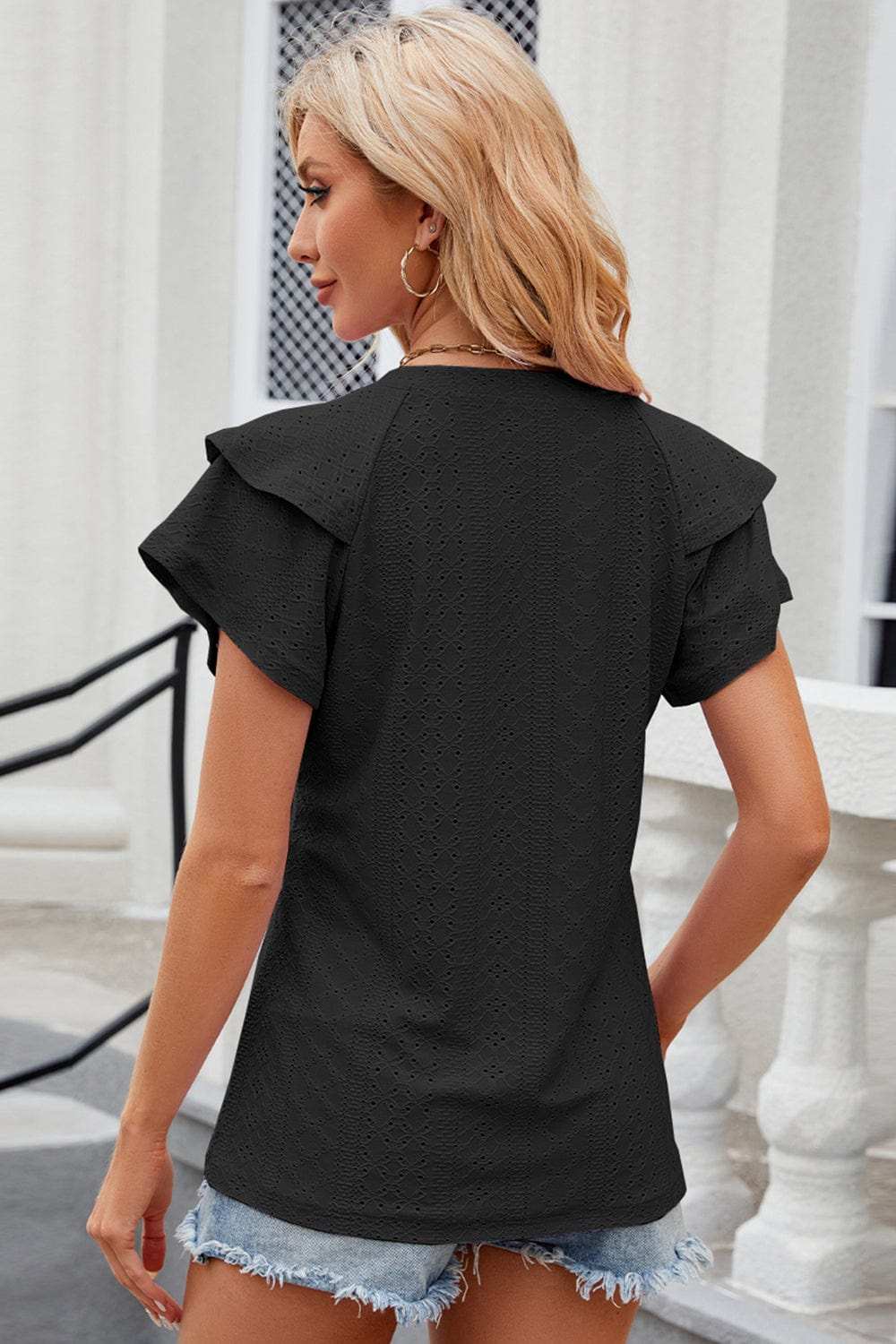 Eyelet Notched Flutter Sleeve T-Shirt - Trendsi - Flyclothing LLC