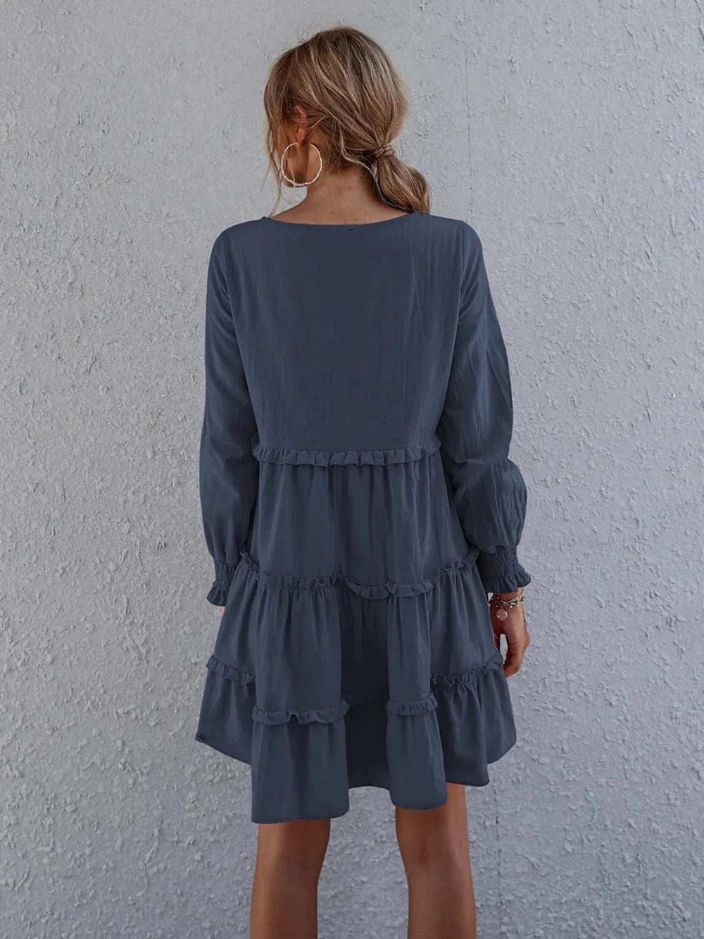 Frill Tiered Long Sleeve Mini Dress - Trendsi - Flyclothing LLC