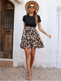 Tied Front Contrast Leopard Short Sleeve Mini Dress - Trendsi - Flyclothing LLC