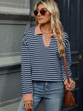 Striped Johnny Collar Long Sleeve Sweatshirt - Trendsi - Flyclothing LLC