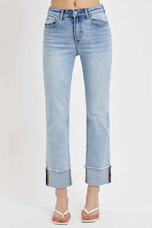 RISEN High Rise Straight Cuffed Relaxed Jeans - Trendsi - Flyclothing LLC
