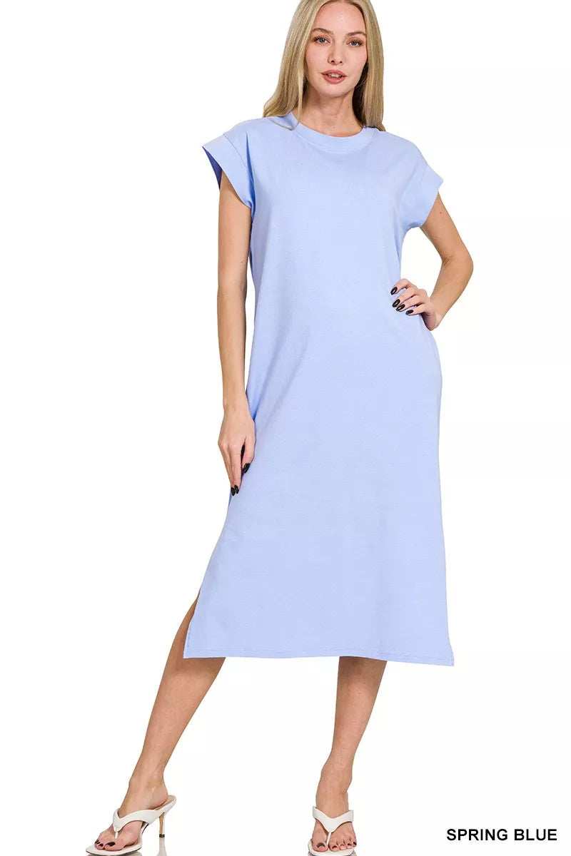 Zenana Round Neck Side Slit Midi Dress - Trendsi - Flyclothing LLC