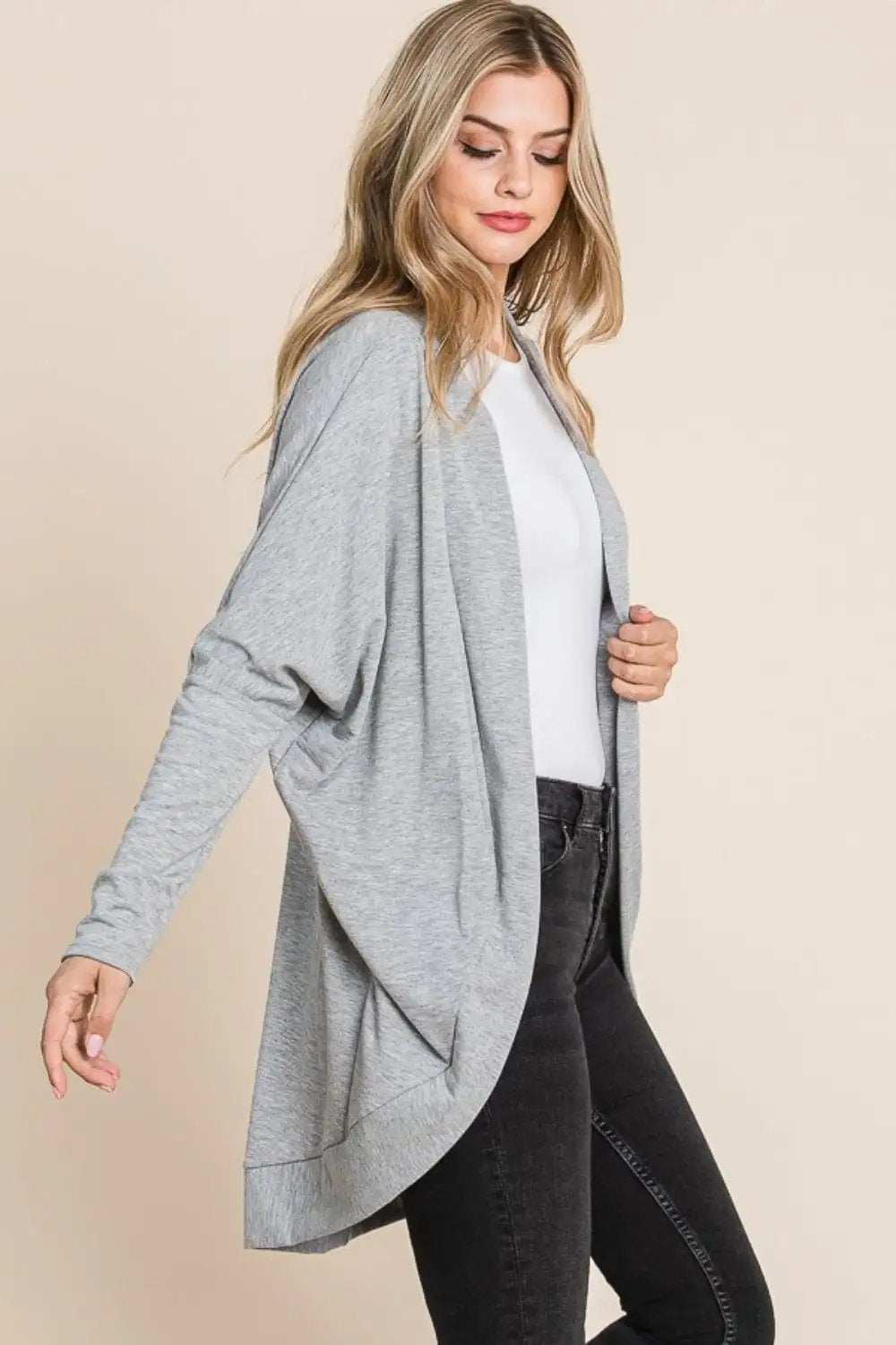 BOMBOM Open Front Long Sleeve Cocoon Cardigan - Trendsi - Flyclothing LLC