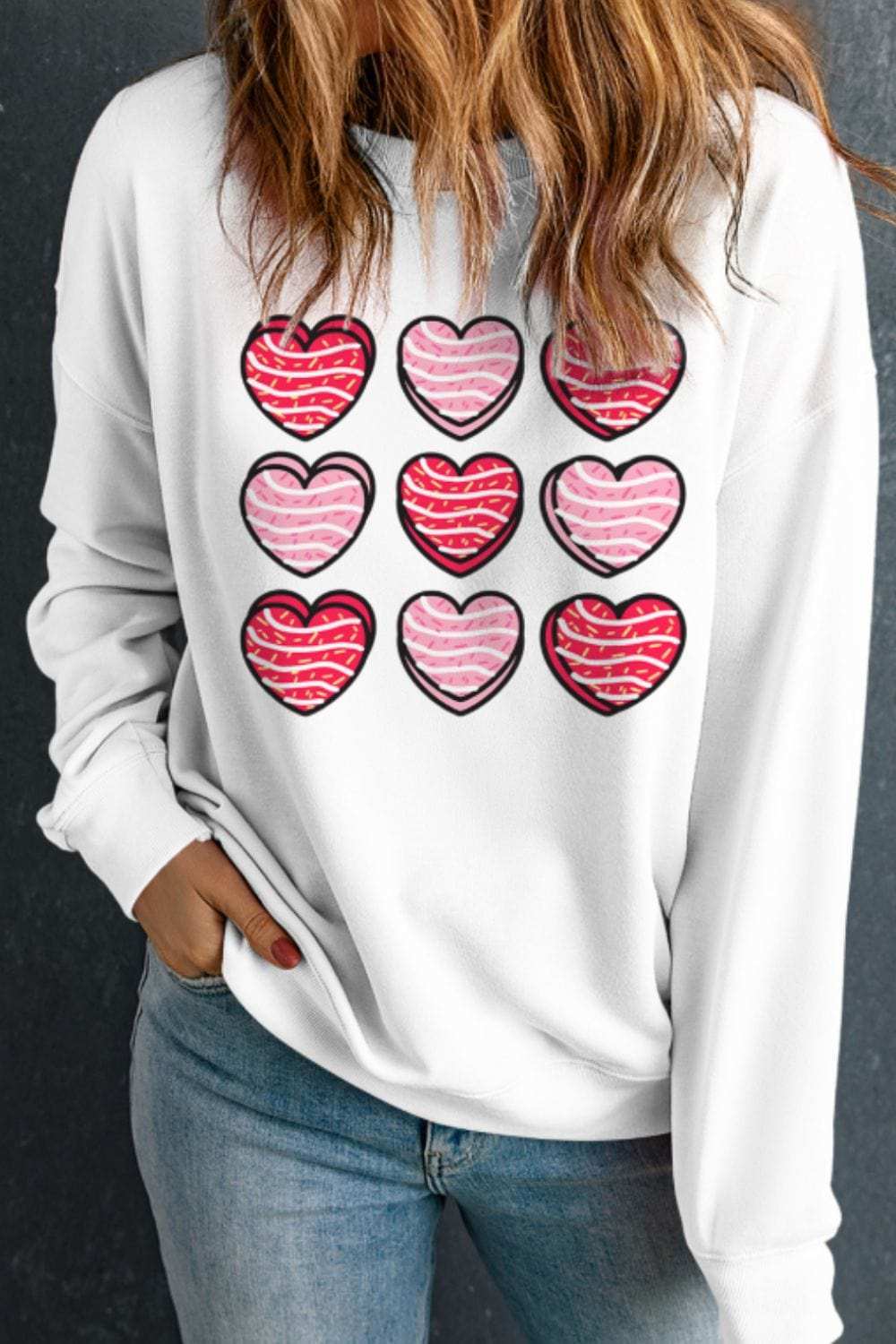 Valentine's Day Heart Round Neck Long Sleeve Sweatshirt - Trendsi - Flyclothing LLC