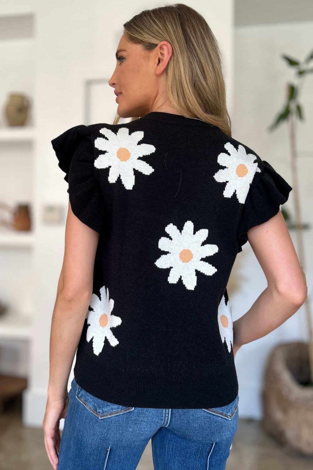 Double Take Full Size Ruffled Flower Round Neck Cap Sleeve Sweater - Trendsi - Flyclothing LLC