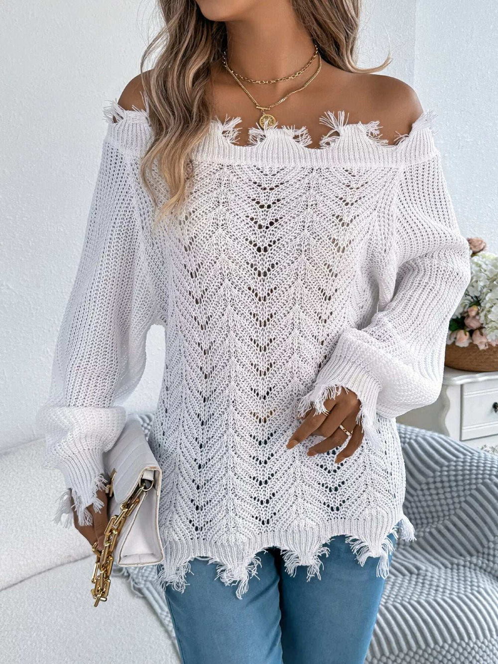 Distressed Hem Openwork Off-Shoulder Sweater - Trendsi - Flyclothing LLC