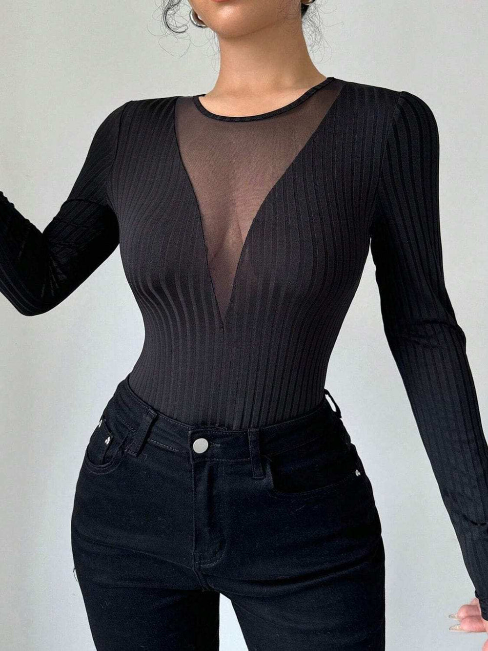 Mesh Detail Round Neck Long Sleeve Top - Trendsi - Flyclothing LLC