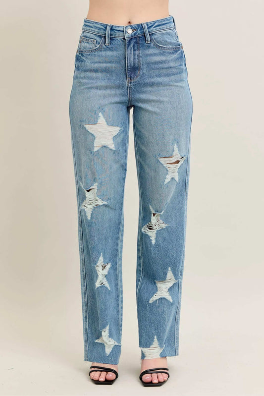 Judy Blue Full Size High Waist Rigid Magic Star Shaped Destroy 90's Straight Jeans Plus Size - Trendsi - Flyclothing LLC