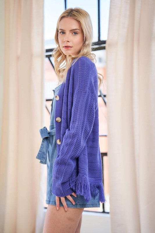 Davi & Dani Fringe V-Neck Button Up Long Sleeve Cardigan - Trendsi - Flyclothing LLC