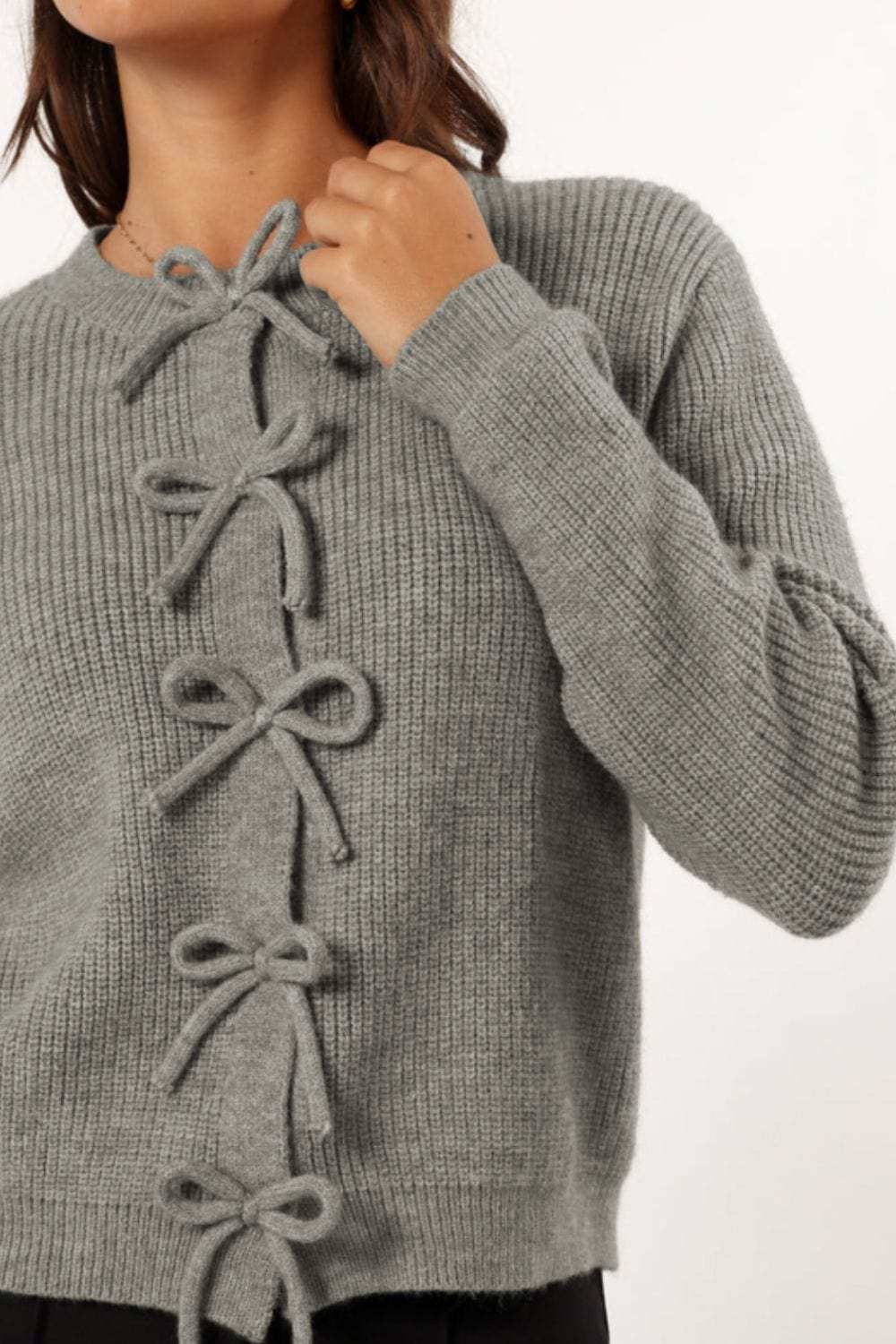 Bow Round Neck Long Sleeve Cardigan - Trendsi - Flyclothing LLC