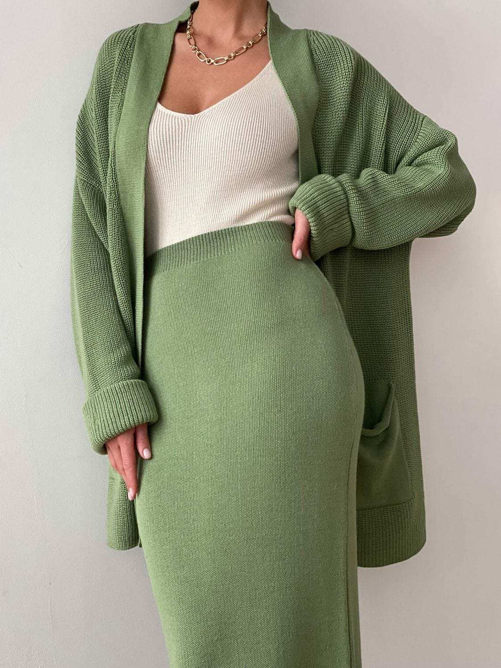 Pocketed Long Sleeve Cardigan and Skirt Sweater Set - Trendsi - Flyclothing LLC
