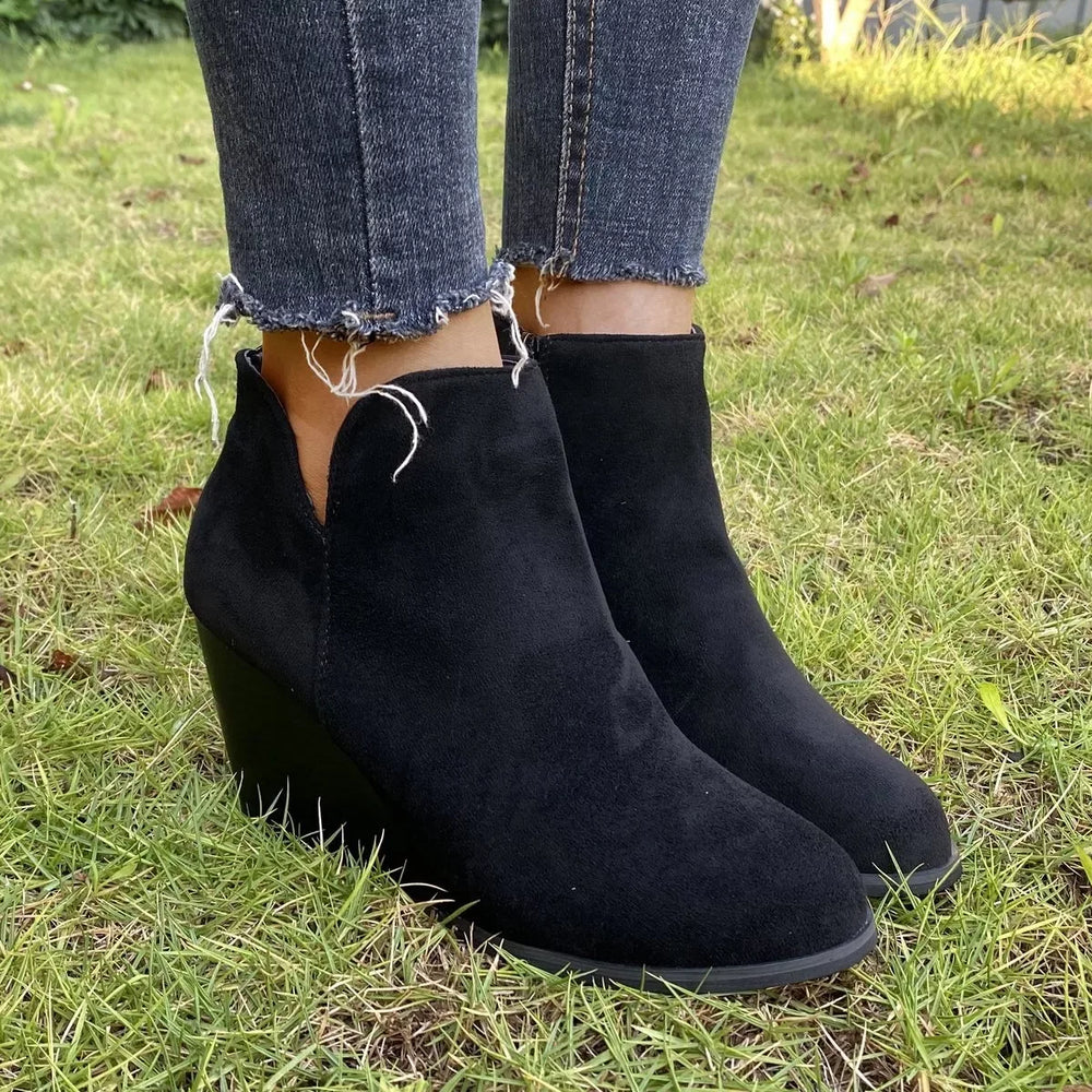 Round Toe Wedge Ankle Boots - Trendsi - Flyclothing LLC