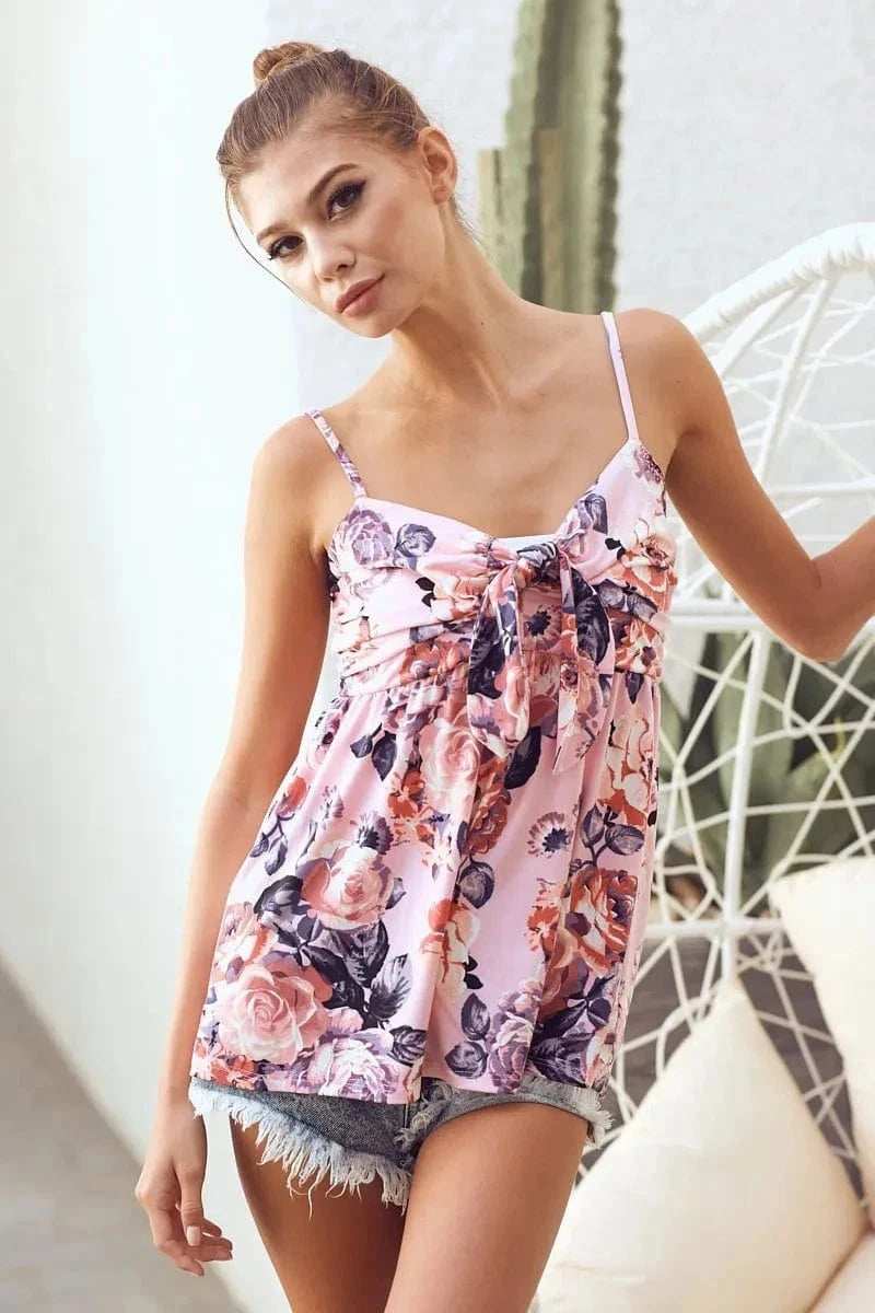 BiBi Floral Printed Jersey Knit with Tie Ribbon Front - Trendsi - Flyclothing LLC