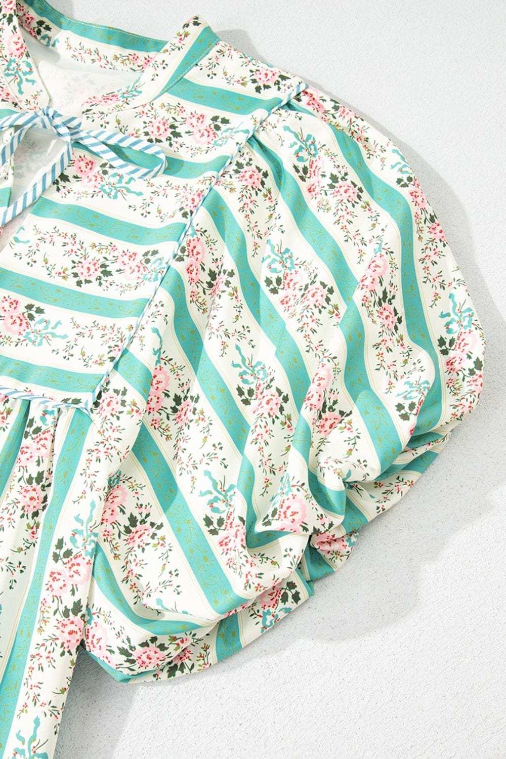 Striped Floral Print Tie Neck Puff Sleeve Midi Dress - Trendsi - Flyclothing LLC