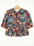 Tropical Print Puff Sleeve Knot Front Blouse - Trendsi - Flyclothing LLC