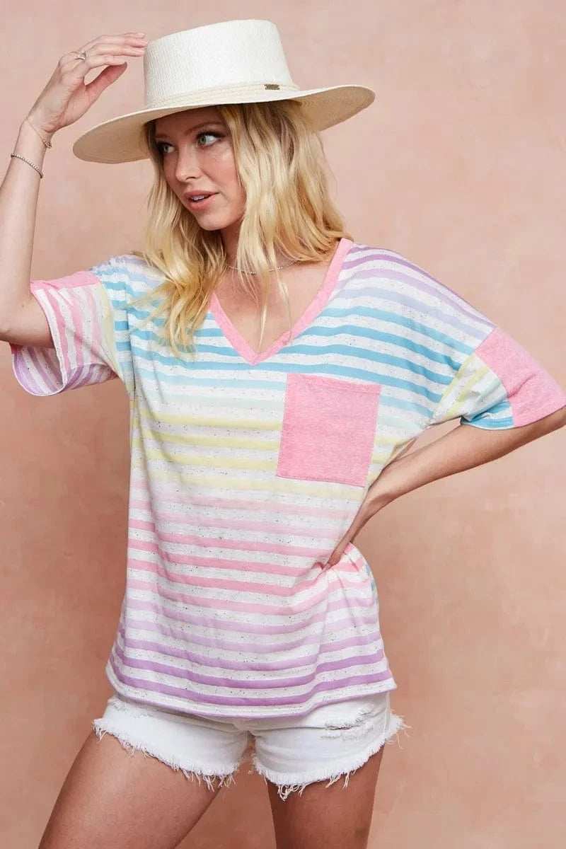 BiBi Rainbow Stripe Printed Triblend Knit Top - Trendsi - Flyclothing LLC