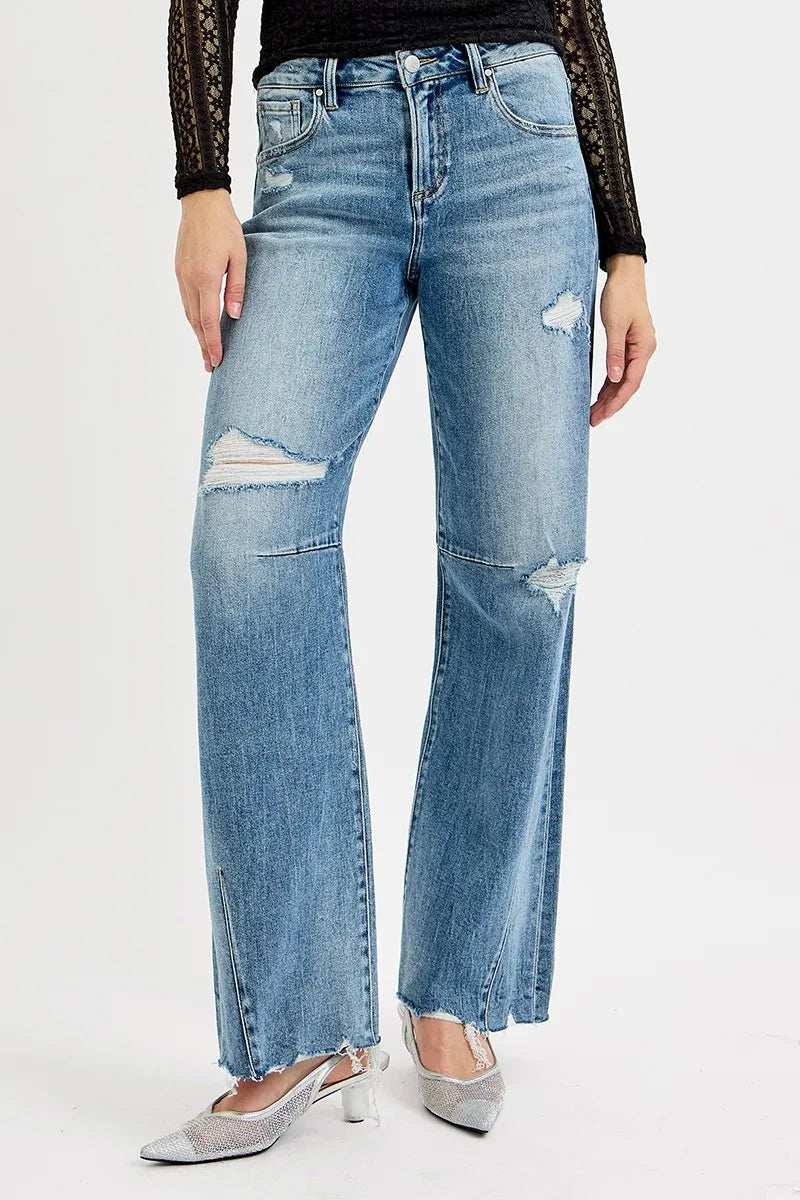 RISEN Full Size Mid Rise Fit Wide Baggy Leg Tie Washed Jeans Plus Size - Trendsi - Flyclothing LLC