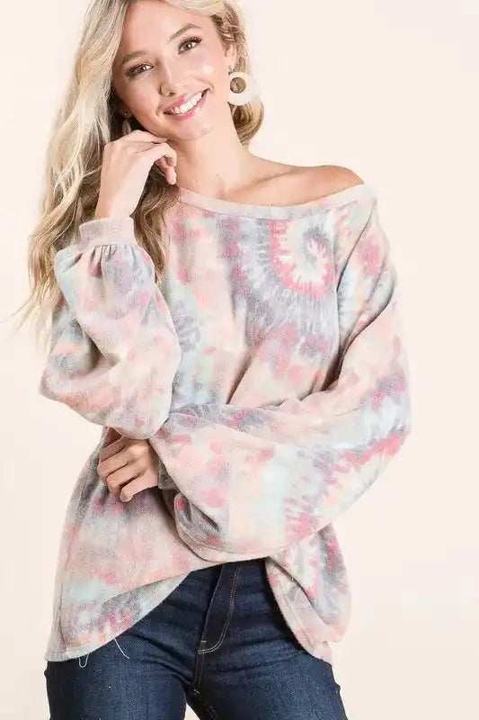 BiBi Brushed Tie Dye Print Top with Puff Sleeves - Trendsi - Flyclothing LLC