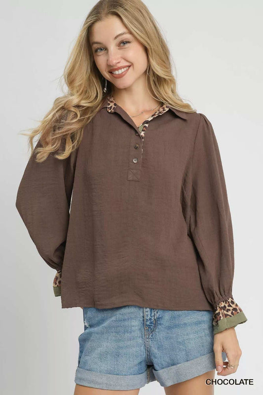 Umgee Half Button Blouse with Leopard Print Trim - Trendsi - Flyclothing LLC