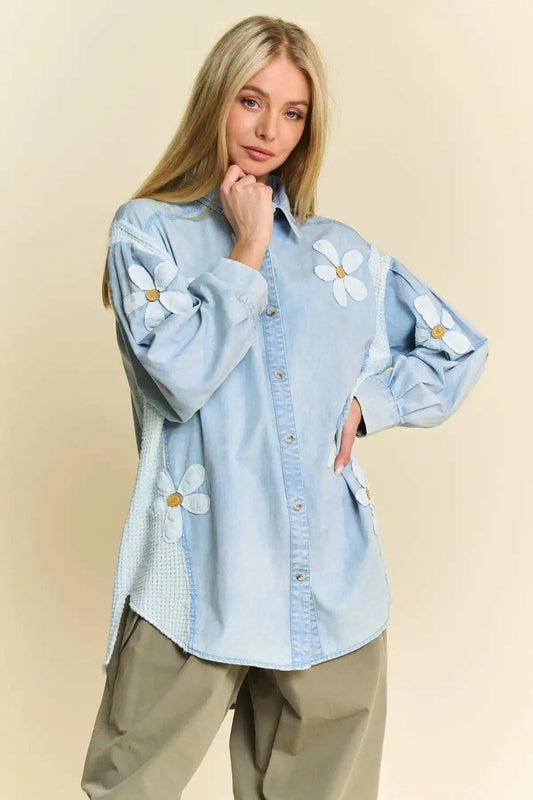 Davi & Dani Lightweight Washed Daisy Patch Waffle Knit Shirt - Trendsi - Flyclothing LLC